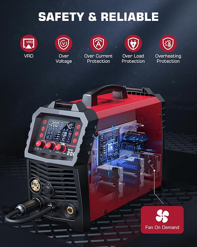 ARCCAPTAIN MIG Welder, 200Amp 6 in 1 Gas MIG/Gasless Flux Core MIG/Stick/Lift TIG/Spot welding/Spool Gun 110V/220V Aluminum Multi Process Welding Machine with LED Digital Display, Burn Back Adjustment