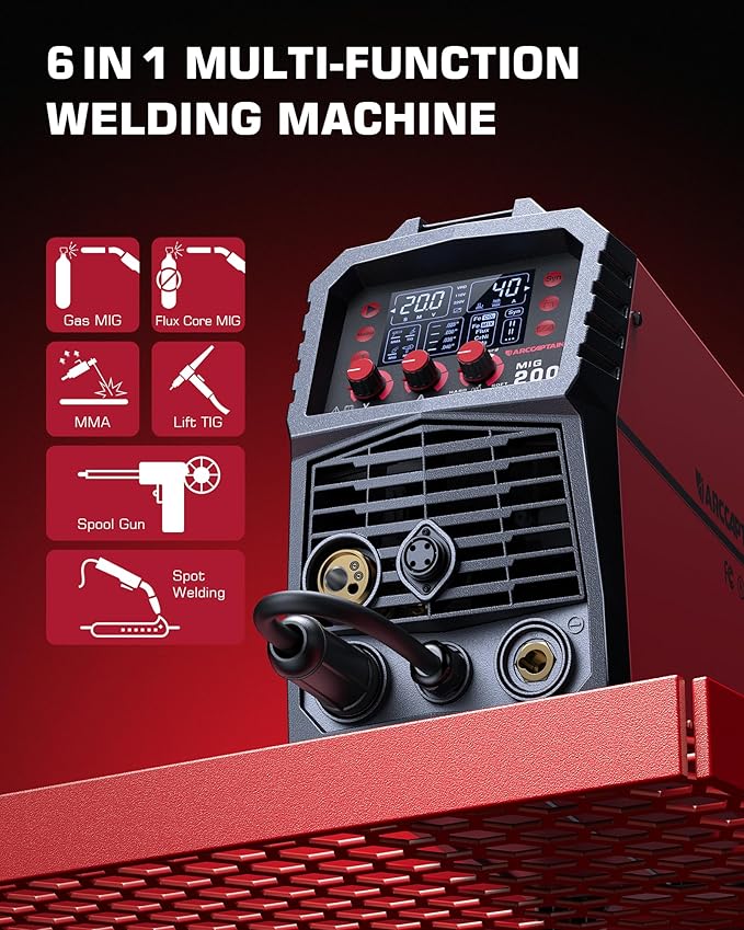 ARCCAPTAIN MIG Welder, 200Amp 6 in 1 Gas MIG/Gasless Flux Core MIG/Stick/Lift TIG/Spot welding/Spool Gun 110V/220V Aluminum Multi Process Welding Machine with LED Digital Display, Burn Back Adjustment