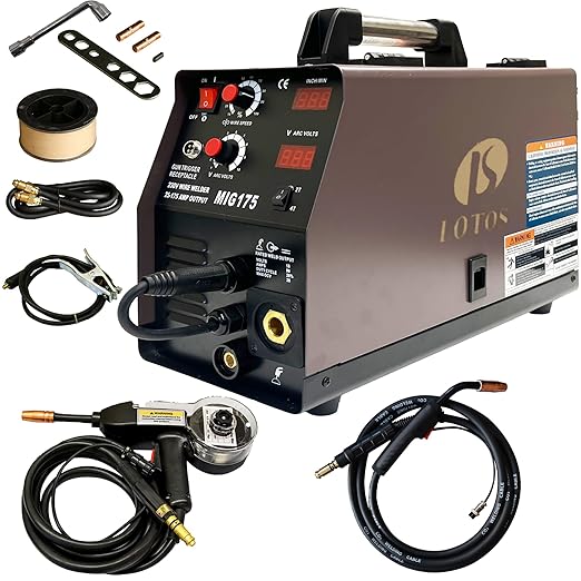 LOTOS MIG175 175A MIG Welder with Aluminum Spool Gun - Advanced Auto MIG Synergistic Setting, Voltage Fine Tuning, Gas MIG Welding & Gasless Flux Core MIG Welding - Brown, 240V