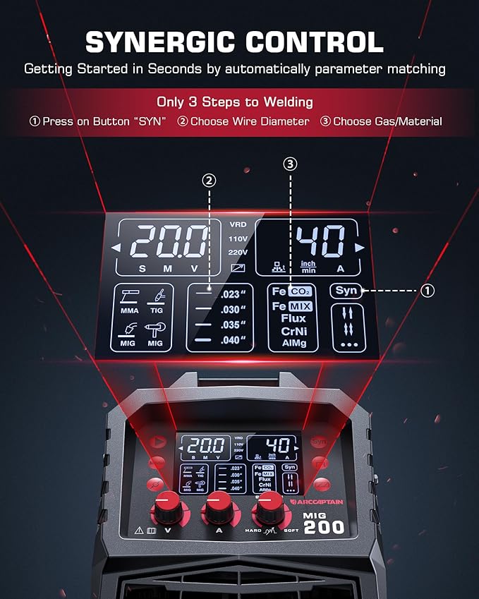 ARCCAPTAIN MIG Welder, 200Amp 6 in 1 Gas MIG/Gasless Flux Core MIG/Stick/Lift TIG/Spot welding/Spool Gun 110V/220V Aluminum Multi Process Welding Machine with LED Digital Display, Burn Back Adjustment