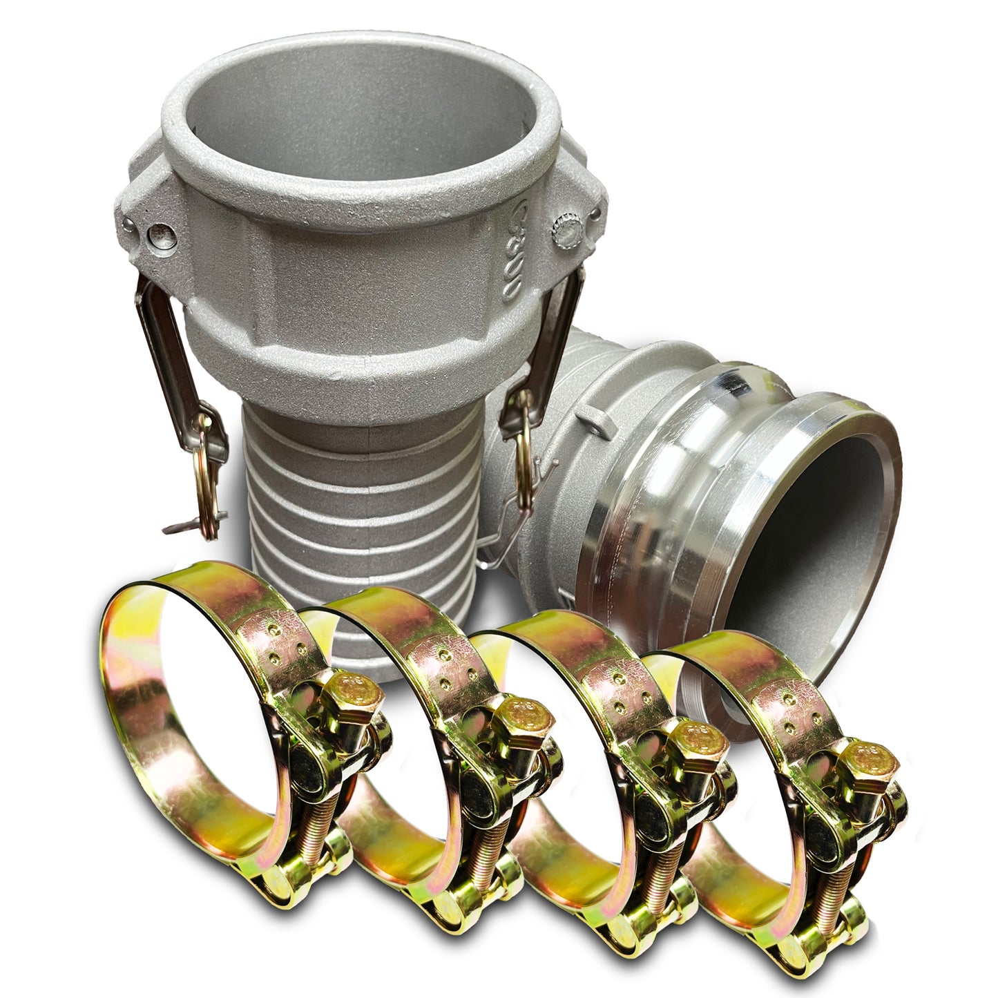 Foresee Camlock Type C and E Coupling Set, Aluminum Global Cam and Groove Hose Fittings (Male and Female) with Rubber Gasket and 4 Heavy Duty Hose Clamps