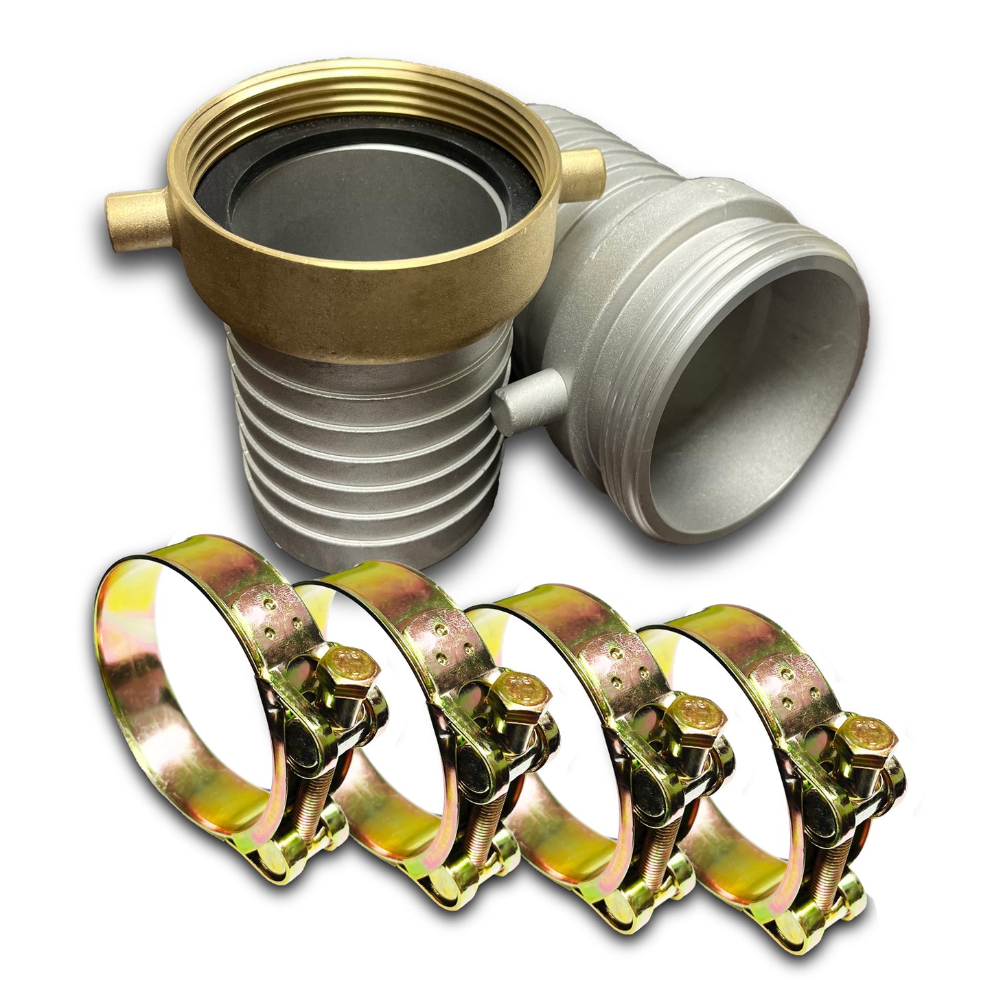 Foresee Pin Lug Hose Shank Coupling Set, Aluminum Hose Fittings (Male and Female) with Rubber Gasket and 4 Heavy Duty Hose Clamps
