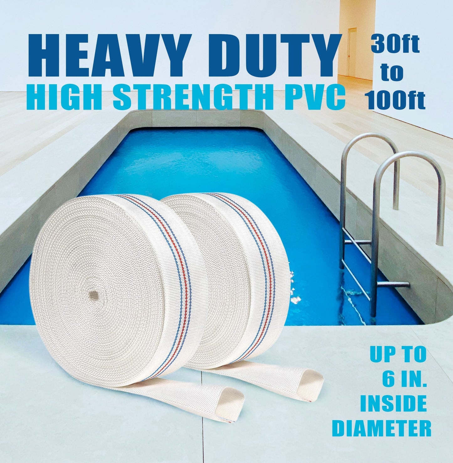 Water Discharge Backwash Pool Hose 1" in inch x 100 FT Lay-Flat Drain Pump White