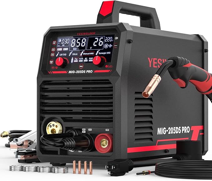 YESWELDER MIG-205DS MIG Welder, 200Amp 110/220V Dual Voltage MIG Welding Machine, 5 in 1 Gas MIG/Flux Core MIG/Spool Gun MIG/Lift TIG/Stick Multiprocess Aluminum MIG Welder, Spool Gun Compatible