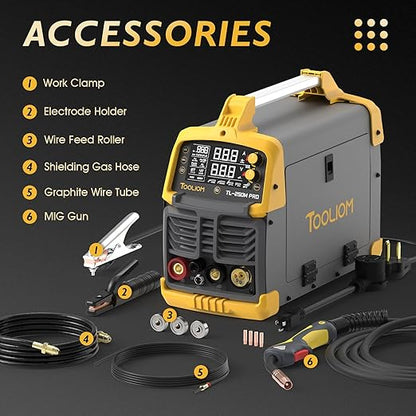 TOOLIOM Aluminum MIG Welder with Pulse 250A 110V/220V Dual Voltage 4 in 1 Multifunctional Welding Machine Gas/Gasless Flux MIG/Lift TIG/Stick with Spool Gun Compatible