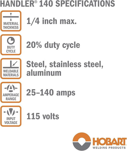 Hobart Handler 140 MIG Welder 115V (500559 ) - Durable, Portable Wire Feed Welder Machine - Flux Core Welding Machine with Dual-Gauge Regulator - MIG Welding Machine Welds Up To 1/4 in. Mild Steel