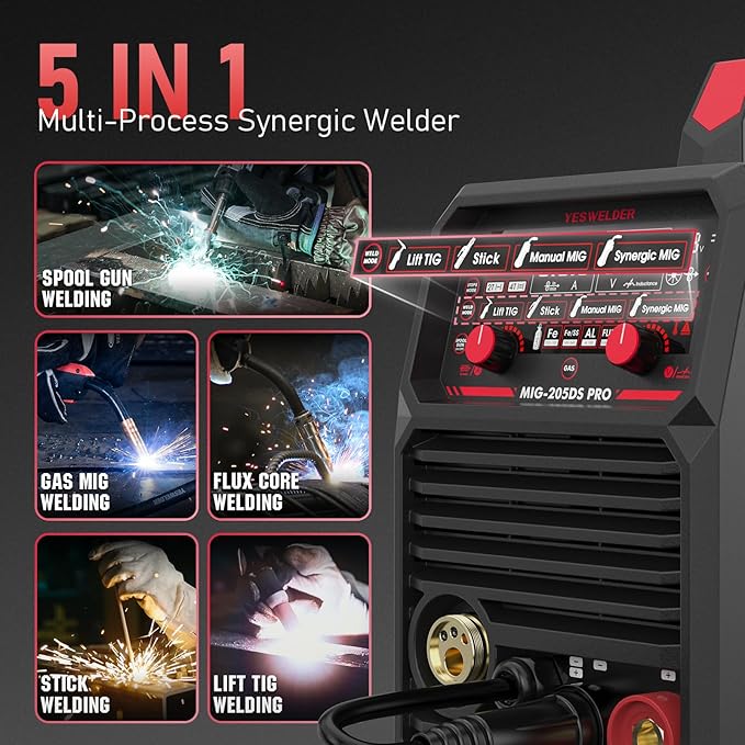 YESWELDER MIG-205DS MIG Welder, 200Amp 110/220V Dual Voltage MIG Welding Machine, 5 in 1 Gas MIG/Flux Core MIG/Spool Gun MIG/Lift TIG/Stick Multiprocess Aluminum MIG Welder, Spool Gun Compatible