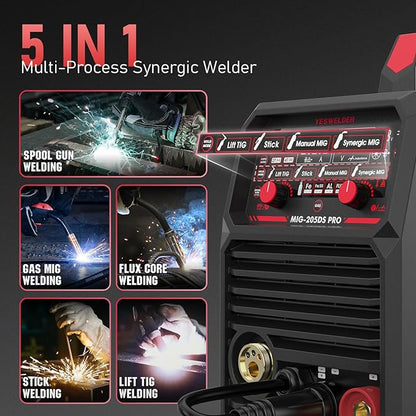 YESWELDER MIG-205DS MIG Welder, 200Amp 110/220V Dual Voltage MIG Welding Machine, 5 in 1 Gas MIG/Flux Core MIG/Spool Gun MIG/Lift TIG/Stick Multiprocess Aluminum MIG Welder, Spool Gun Compatible