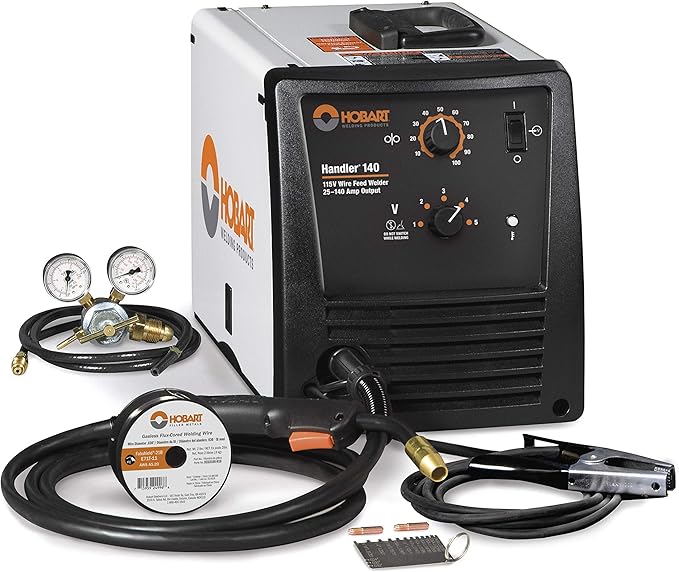 Hobart Handler 140 MIG Welder 115V (500559 ) - Durable, Portable Wire Feed Welder Machine - Flux Core Welding Machine with Dual-Gauge Regulator - MIG Welding Machine Welds Up To 1/4 in. Mild Steel