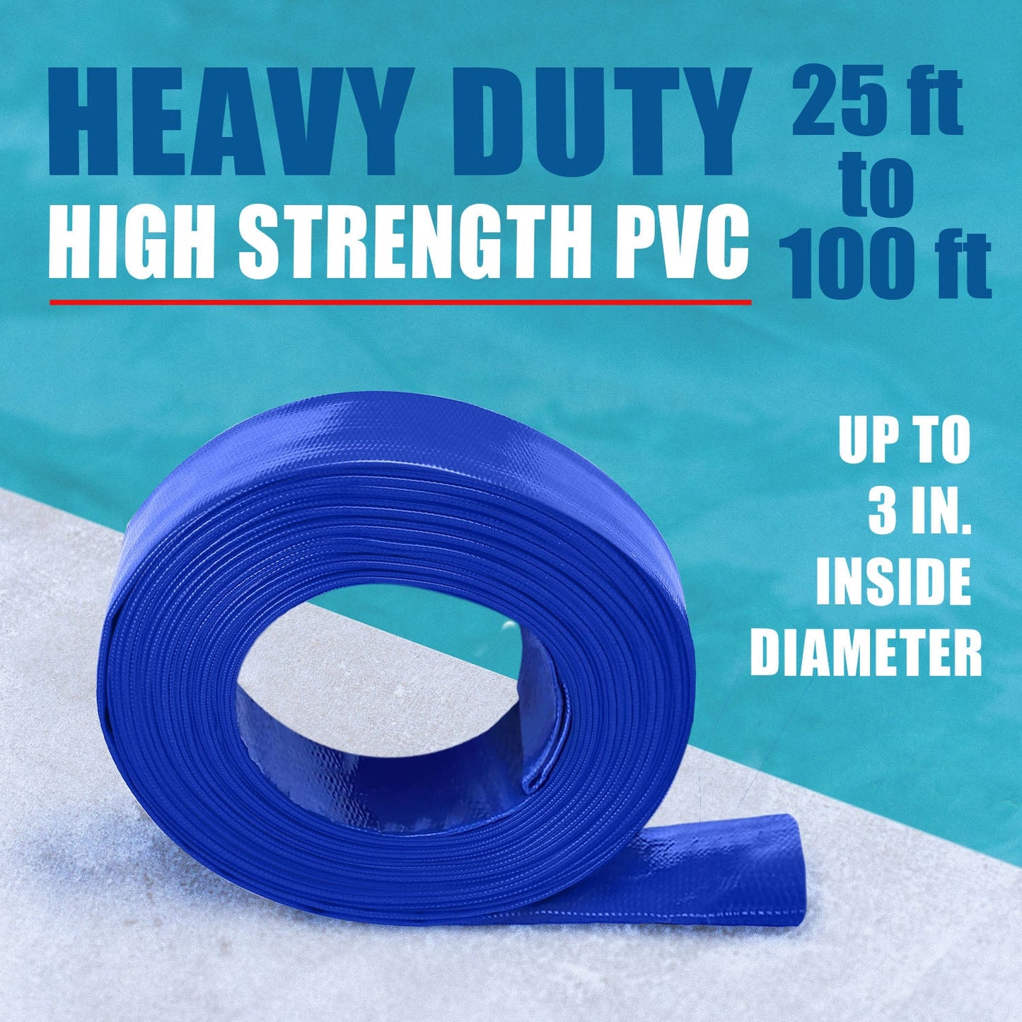 Water Discharge Backwash Pool Hose 3" in inch x 50 FT PVC Lay-Flat Drain Blue